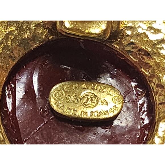 Chanel Red Cabochon Gold-Tone Clip-back Earrings, marked 96A - Picture 9 of 9